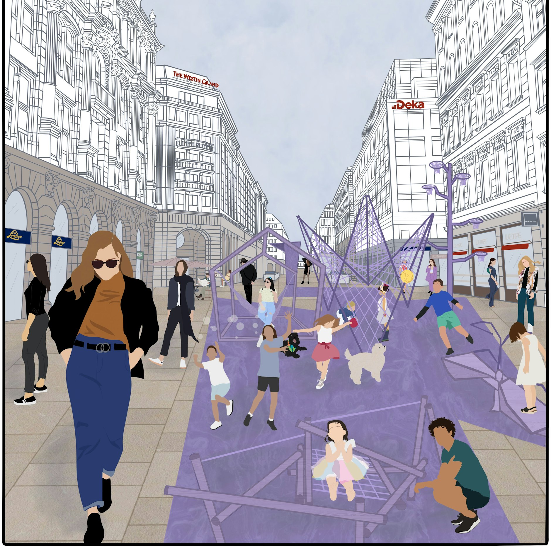 „An einem Band“: Ein lila Band aus Beton (im Boden) gehört zu den verbindenden Elementen. Hier der Sportbereich im Entwurf vom Danyh Shrair, Fanny Winkler, Jimin Yoo und Janna Buttstädt.