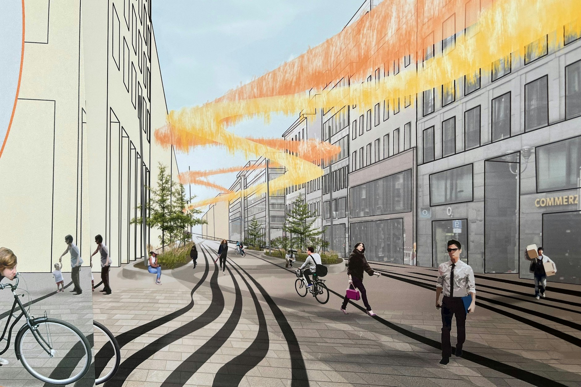 „Directing lines“: Bänder aus dunklem Zement, begleitet von einer farbigen Luftinstallation, strukturieren den Straßenraum. Konzept von Johanna Brix, Niya Daskalova, Kariann Leichnitz, Ronja Möller und Jonathan Preuß.