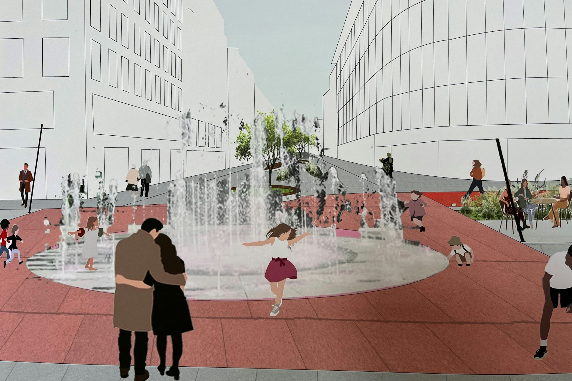 „Passerelle en rouge“: Aus den Straßenkreuzungen werden vier attraktive Plätze – hier der Wasserplatz. Der Entwurf stammt von Camie Lorenze, Franziska Jamie Stein, Cedric Hertle und Konstantin Redzel.