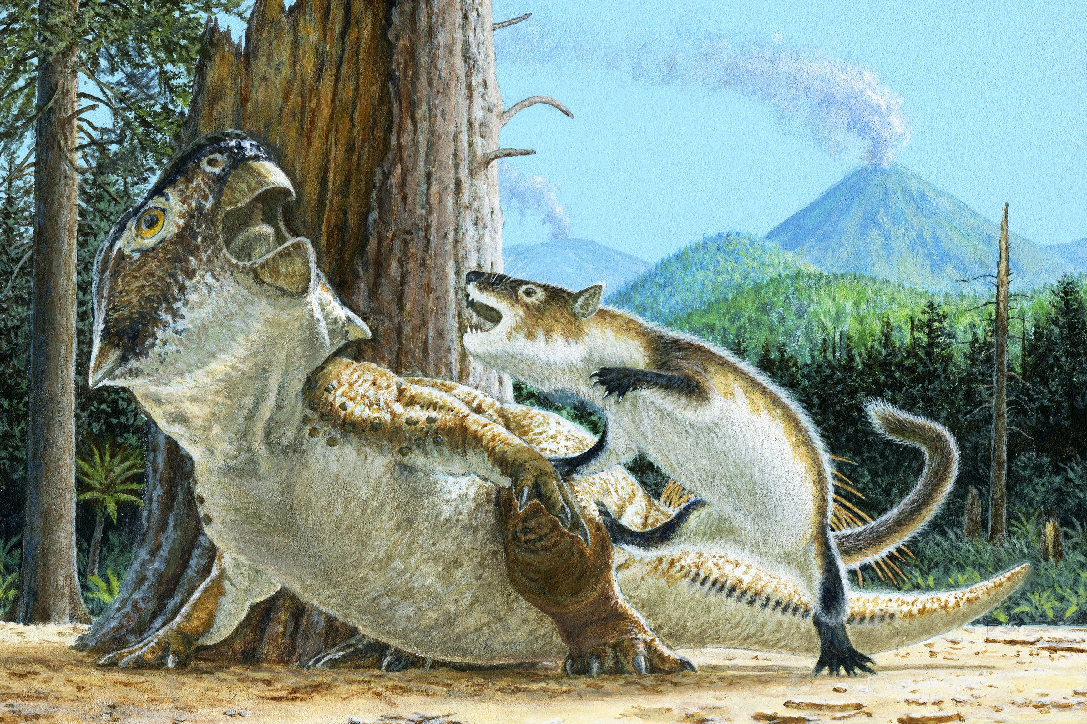 Eine Illustration des kanadischen Naturkundemuseums zeigt, wie die Szene vor 125 Millionen Jahren ausgesehen haben könnte.