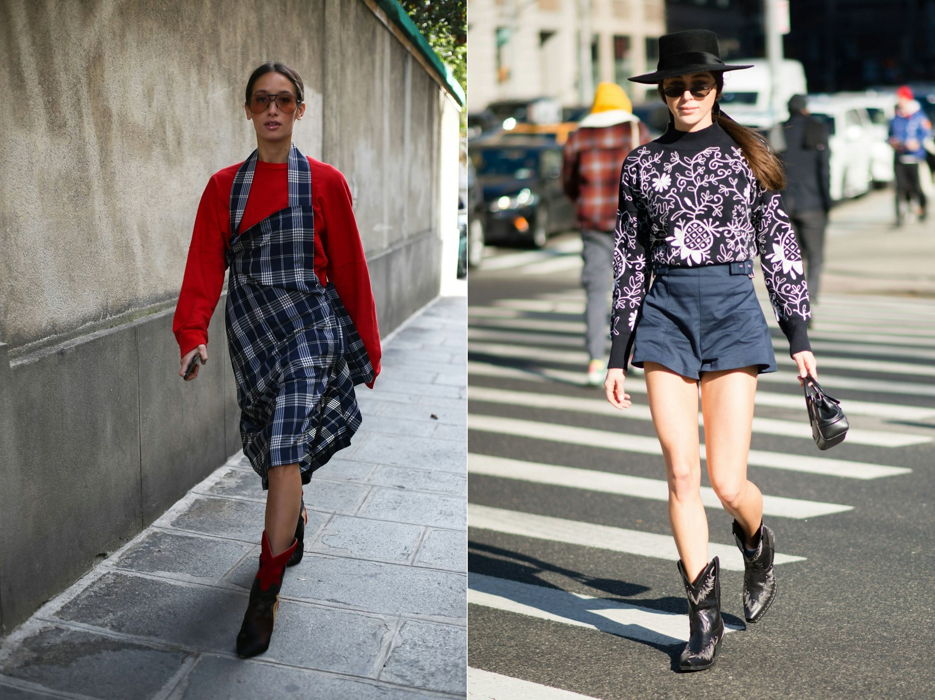 Mit einem Oversize-Look setzt die Pariser Modeinfluencerin Alexandra Guerain ihre Westernstiefel top in Szene (links) und Bloggerin Mary Leest schlendert im Asphaltcowgirl-Look durch New York City.
