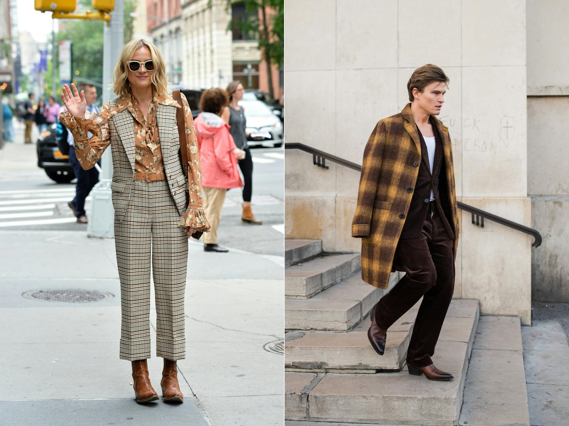 Die deutsche Schauspielerin Diana Kruger kombiniert die Boots zum Michael-Kors-Look (links); Model und Designer Oliver Cheshire geht in schicken Erdtönen bei der AMI-Fashionshow die Treppe runter.