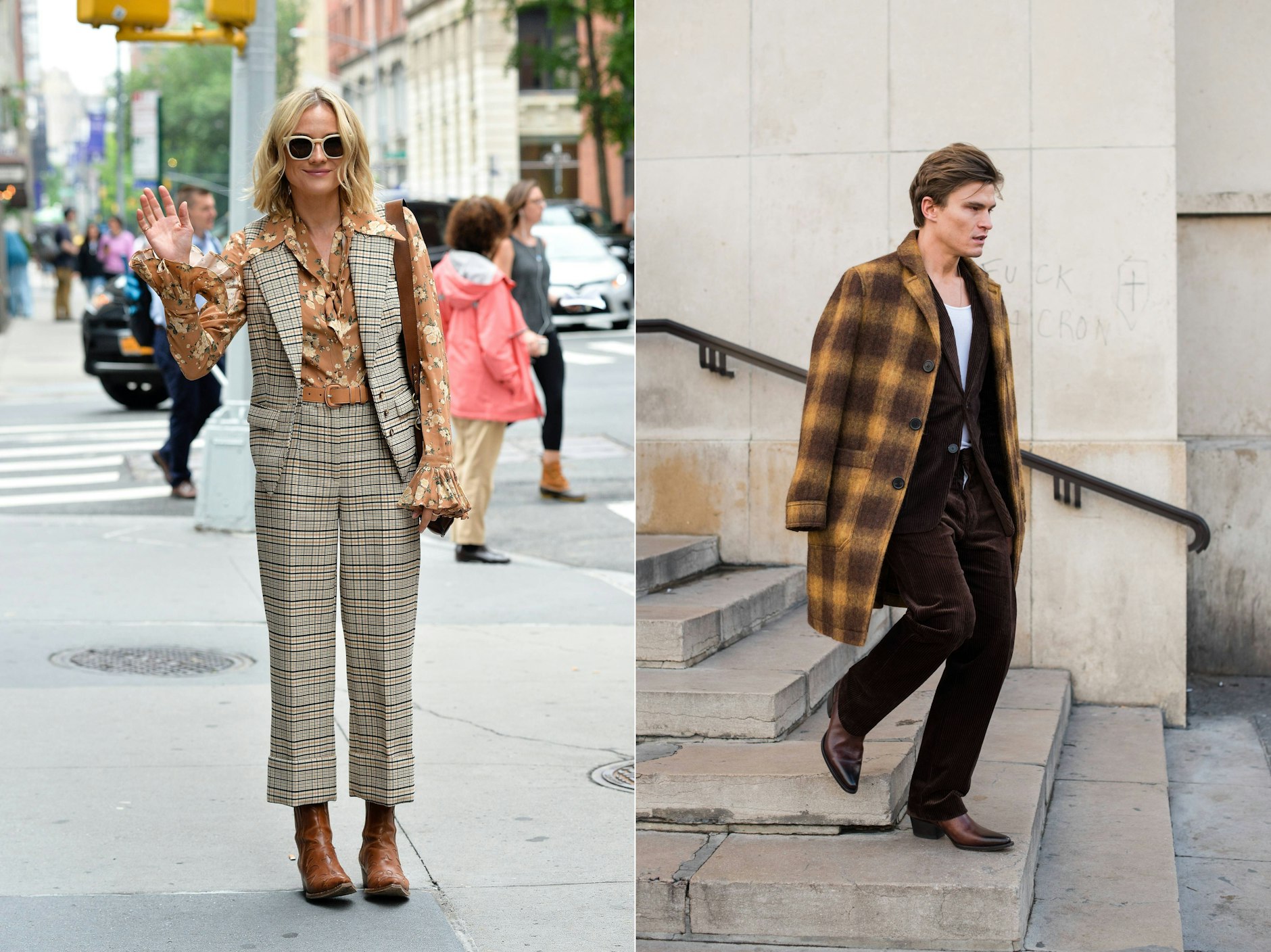 Die deutsche Schauspielerin Diana Kruger kombiniert die Boots zum Michael-Kors-Look (links); Model und Designer Oliver Cheshire geht in schicken Erdtönen bei der AMI-Fashionshow die Treppe runter.