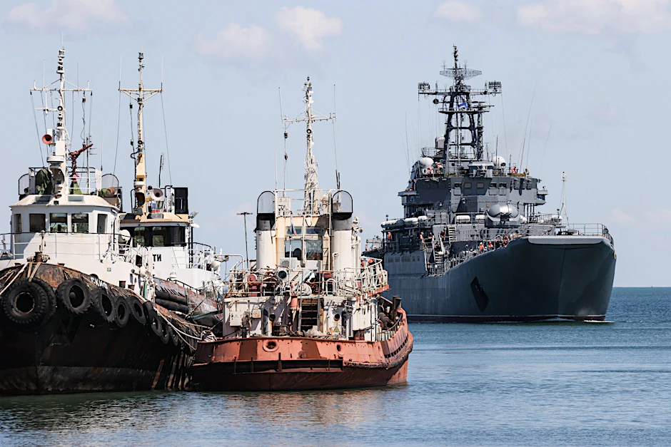 Ein russisches Landungsschiff erreicht einen Hafen am Schwarzen Meer.