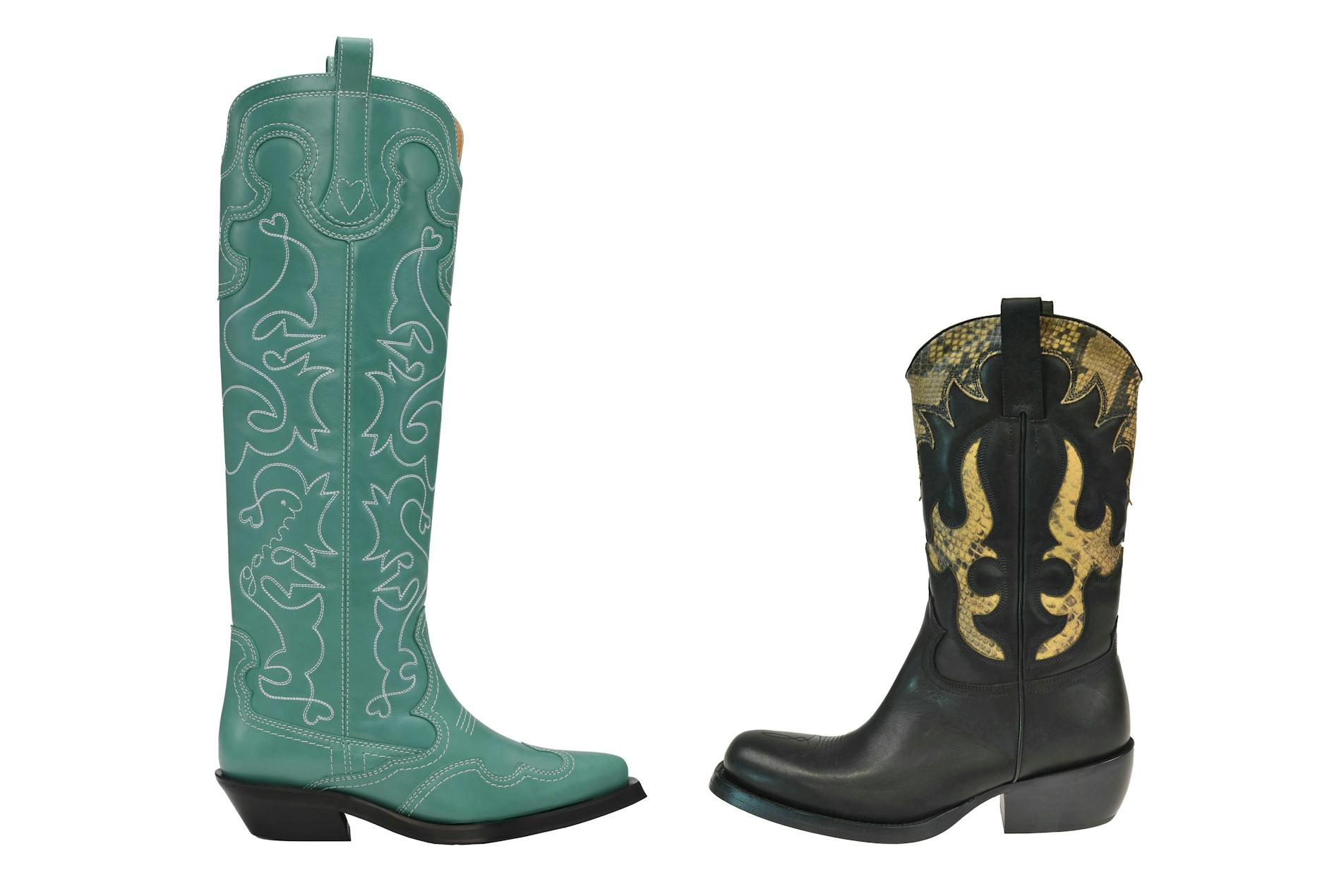 Achtung Sale! Das türkisfarbene Modell von Ganni hat einen hohen Schaft und ist gerade für 347 Euro zu haben. Rechts, der Boot Dries Van Noten, ist derzeit auf 585 Euro reduziert.