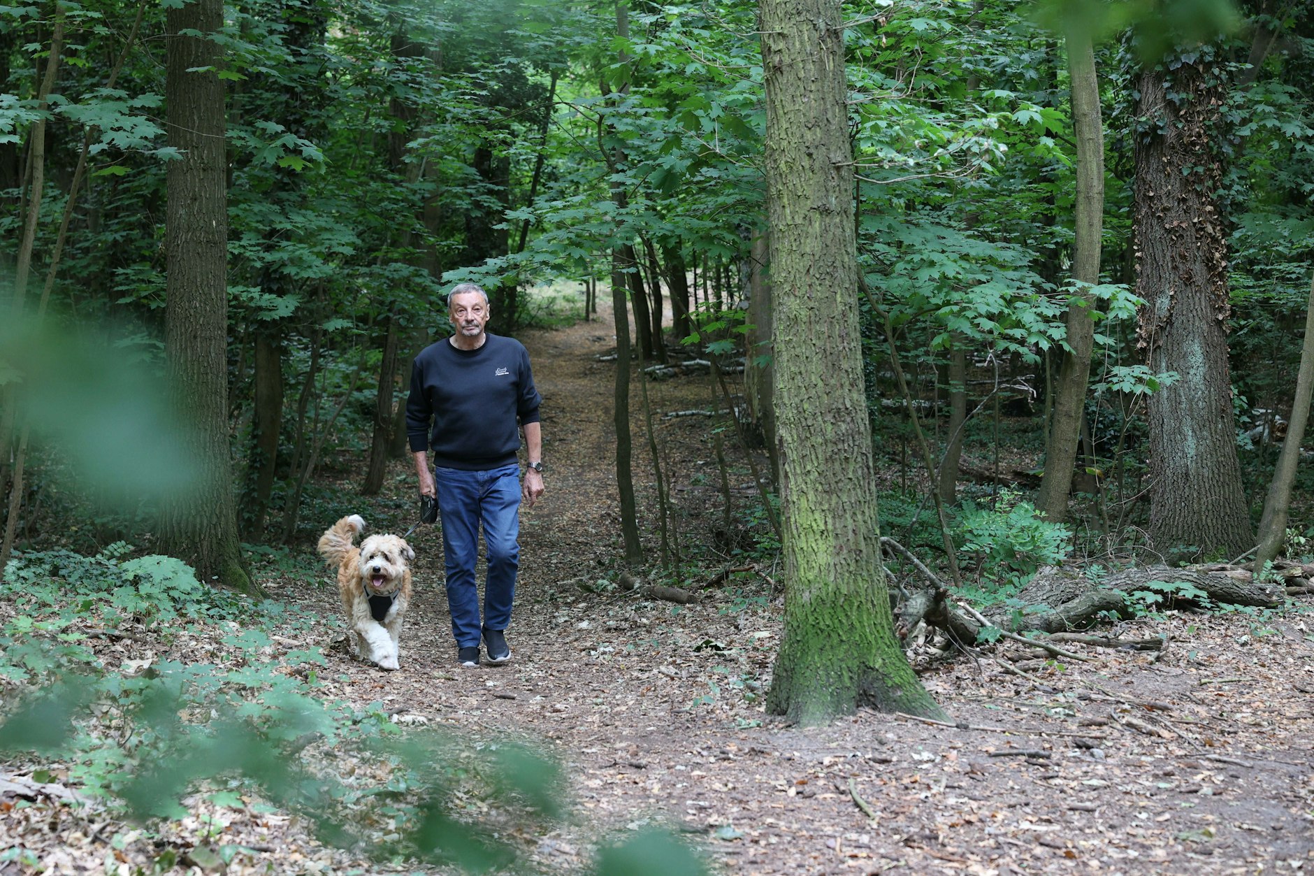 Kleinmachnow: Gerd Ziegenspeck ist beim Aufenthalt im Freien mit Hund Rocco wegen der Suche nach einer mutmaßlichen Löwin vorsichtiger als sonst. Er geht nicht mehr tief in den Wald.