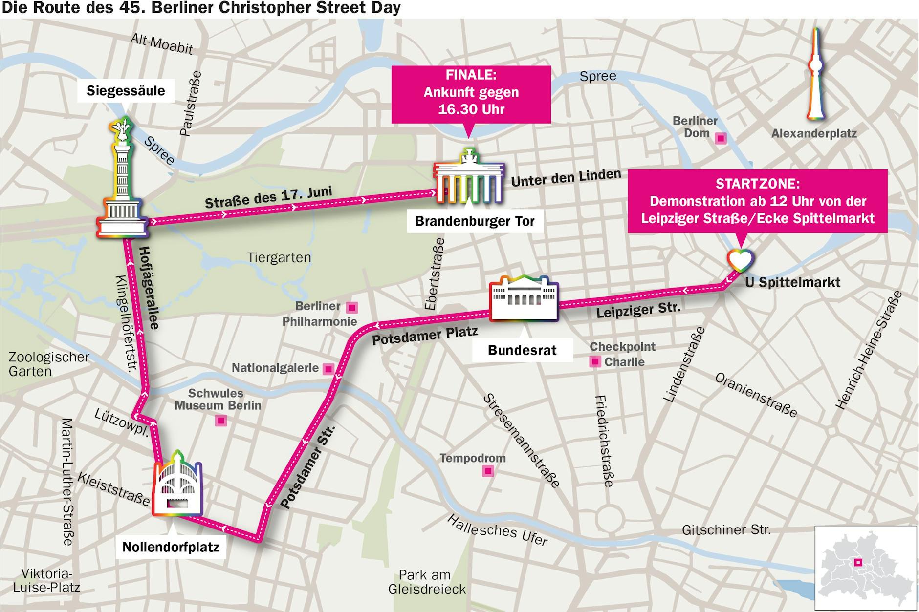 Die Route vom CSD führt entlang der Leipziger und Potsdamer Straße. Dann geht es in den Tiergarten und über die Straße des 17. Juni zum Brandenburger Tor.