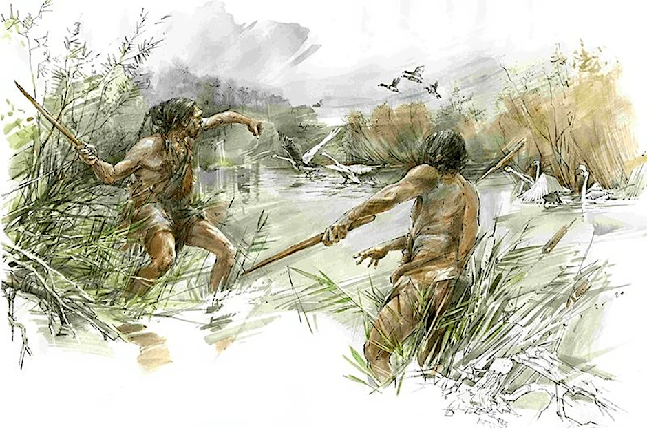 Künstlerische Rekonstruktion der Handhabung des Wurfholzes bei der Jagd