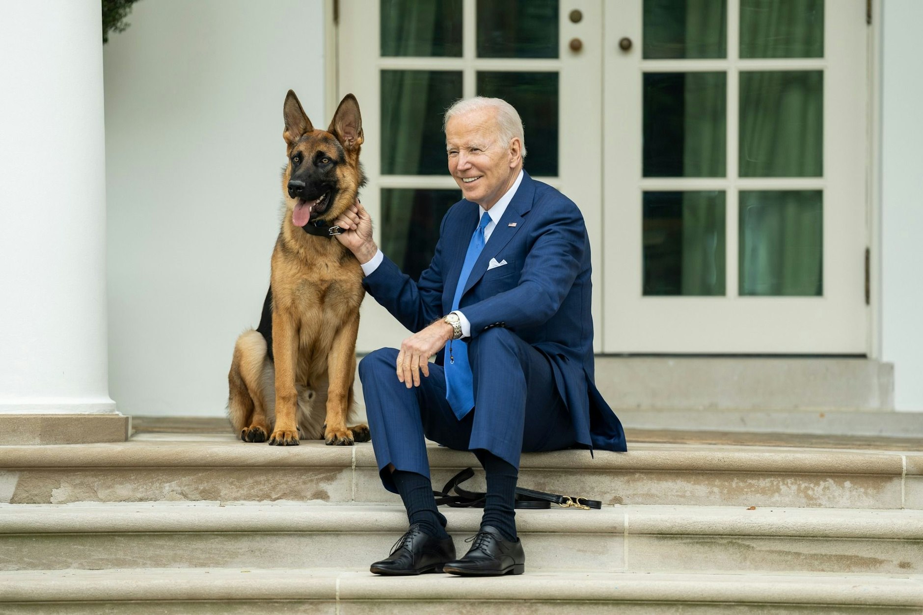 Eigentlich ganz niedlich, wenn da nicht die Beißattacken wären, über die US-Medien jetzt erneut berichteten. US-Präsident Joe Biden (r.) mit seinem Hund Commander&nbsp;auf den Stufen vor dem Weißen Haus.