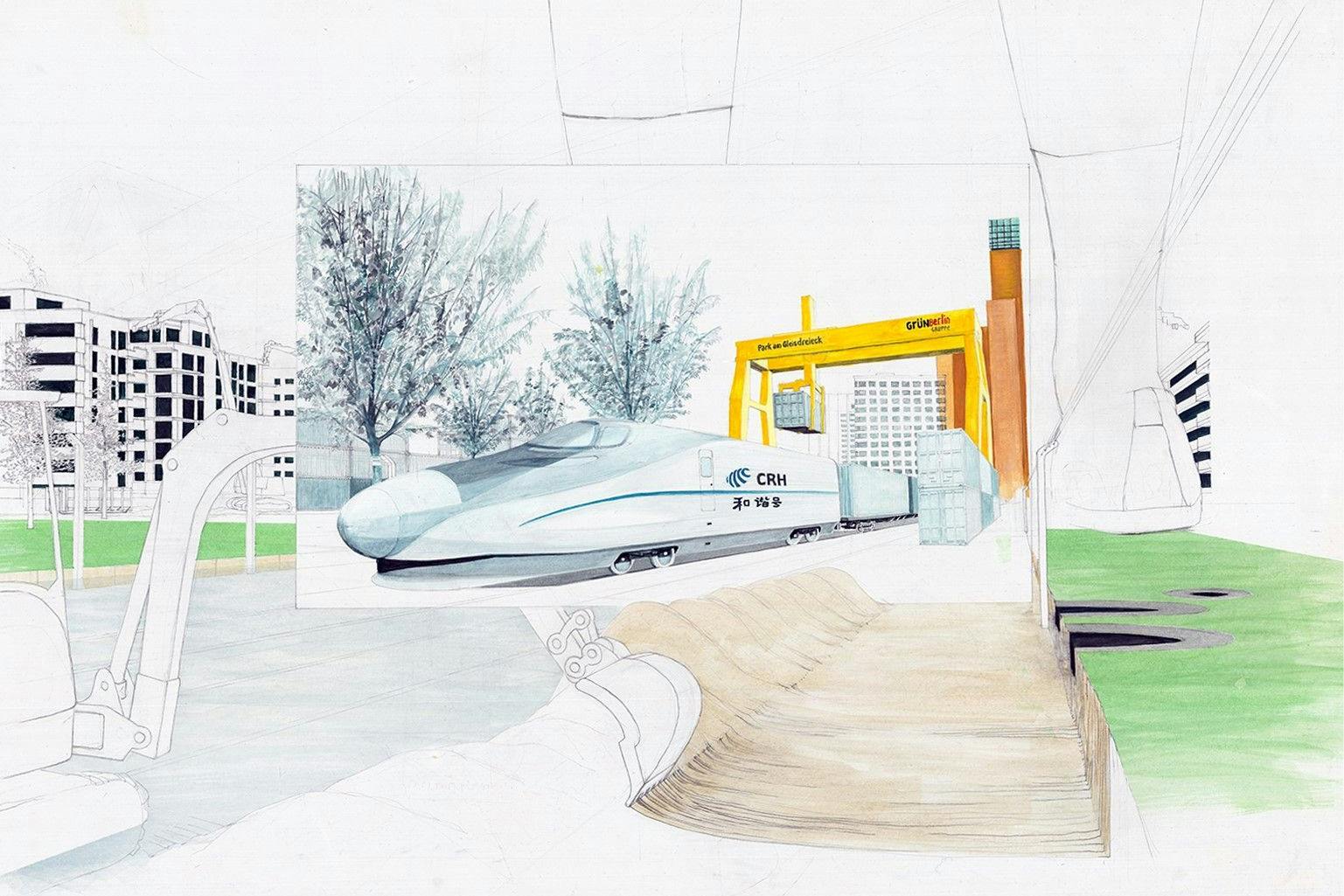 „Güterverkehrszentrum Park am Gleisdreieck (2030)“: So heißt das Aquarell von Eva Hertzsch und Adam Page. Ein Güterzug hat Container aus China gebracht. Für den wiedereröffneten Umschlagplatz wurde schon Rasen entfernt, im Hintergrund werden Wohnhäuser abgerissen.