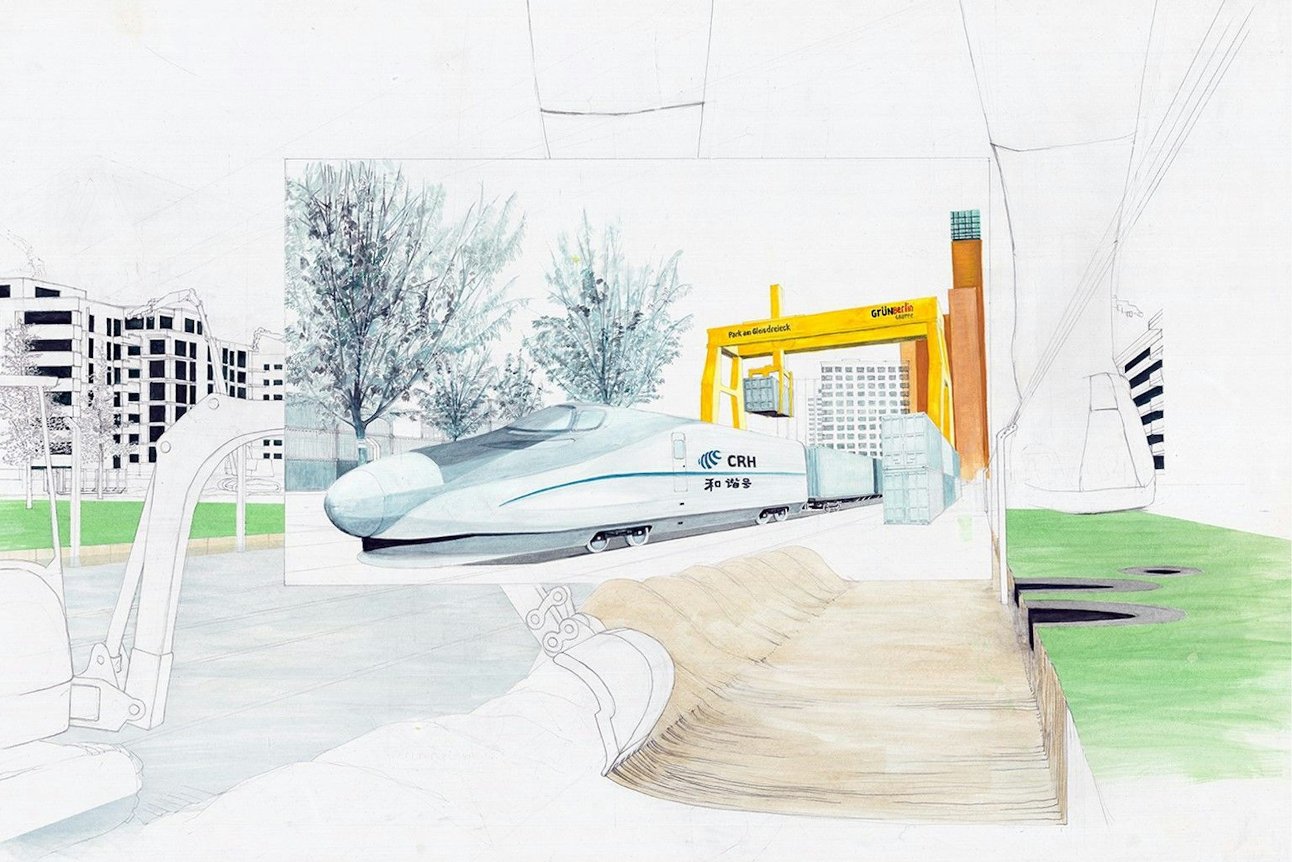 „Güterverkehrszentrum Park am Gleisdreieck (2030)“: So heißt das Aquarell von Eva Hertzsch und Adam Page. Ein Güterzug hat Container aus China gebracht. Für den wiedereröffneten Umschlagplatz wurde schon Rasen entfernt, im Hintergrund werden Wohnhäuser abgerissen.