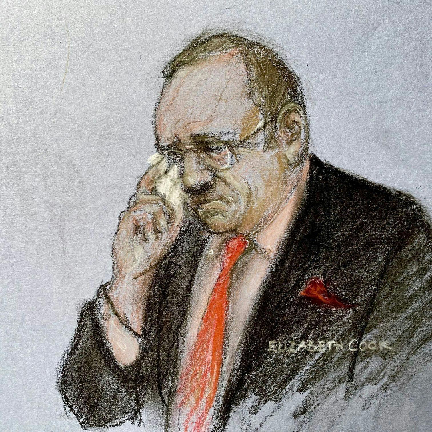 Sichtlich gerührt: Die Gerichtsskizze von Elizabeth Cook zeigt Kevin Spacey bei seinem Auftritt vor dem Southwark Crown Court in London.
