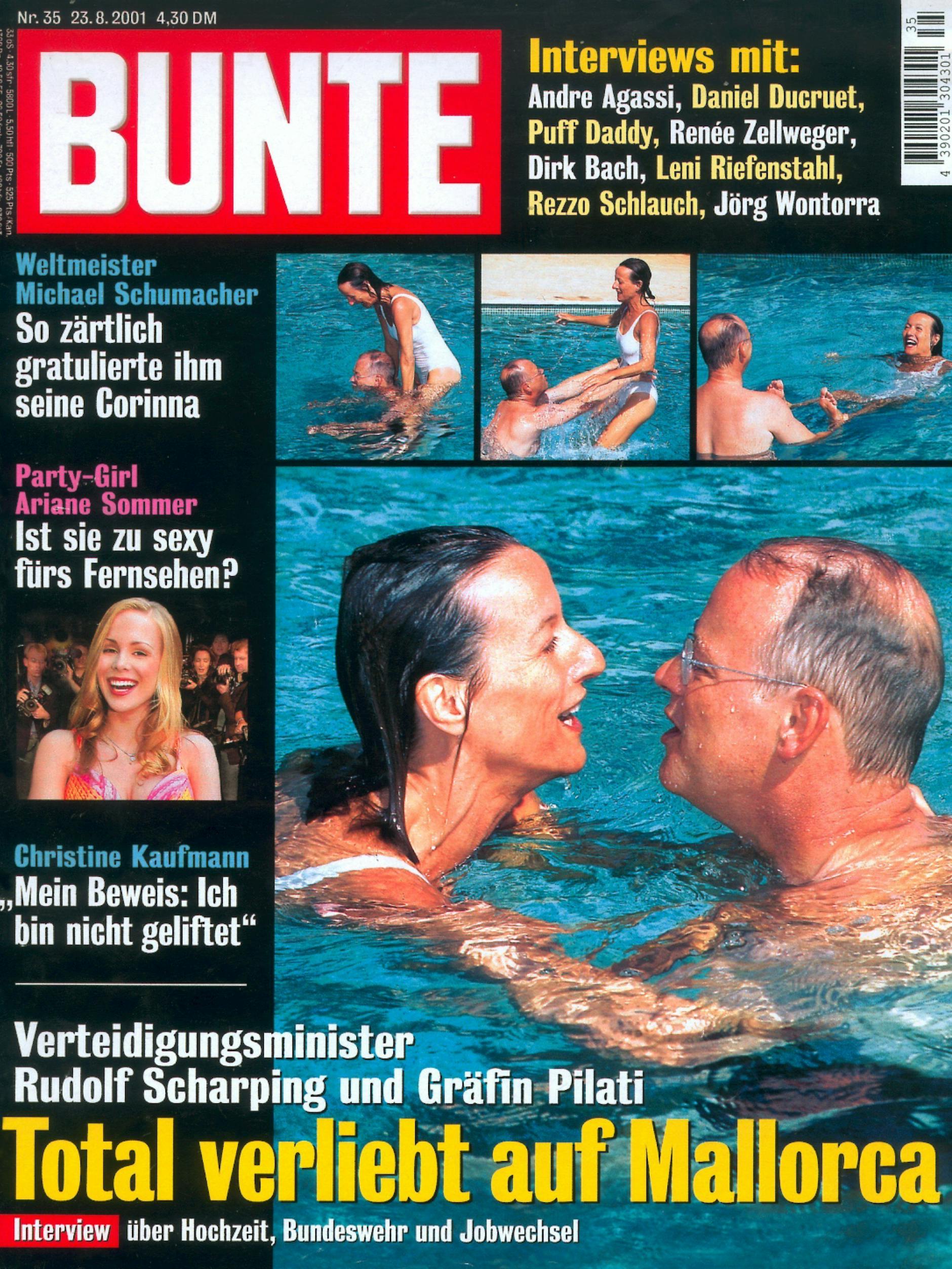 Das Cover der Zeitschrift Bunte, Ausgabe Nr. 35 vom 23.8.2001, zeigt Verteidigungsminister Rudolf Scharping im Urlaub mit seiner zukünftigen Frau, Kristina Gräfin Pilati-Borggreve.