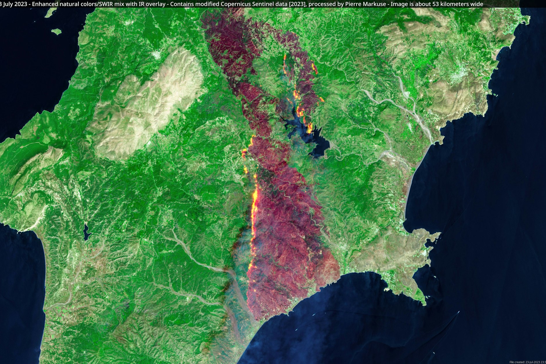 Satellitenbilder zeigen das Ausmaß der Waldbrände auf Rhodos: viel Grün, ein wenig Rot.