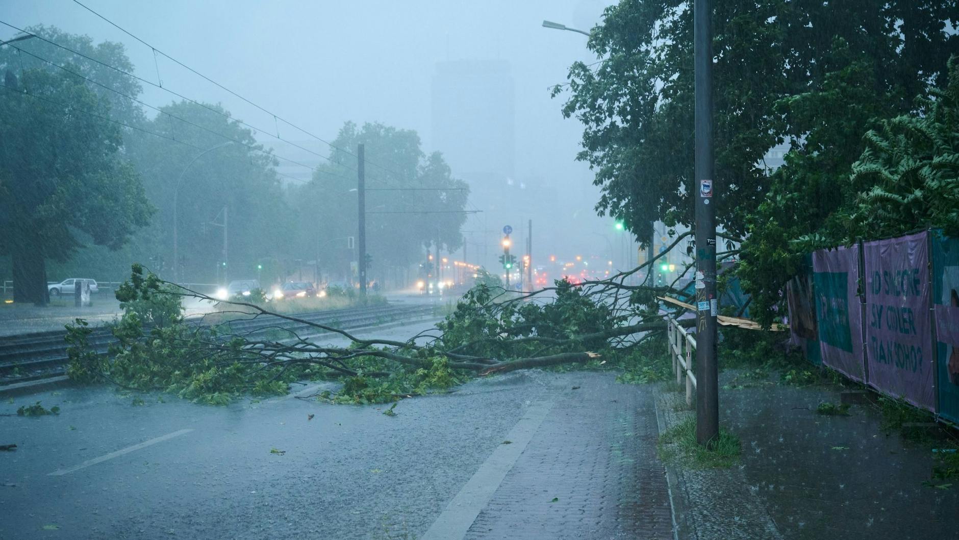 Der Starkregen hat einen Baum quer auf eine Straße stürzen lassen.