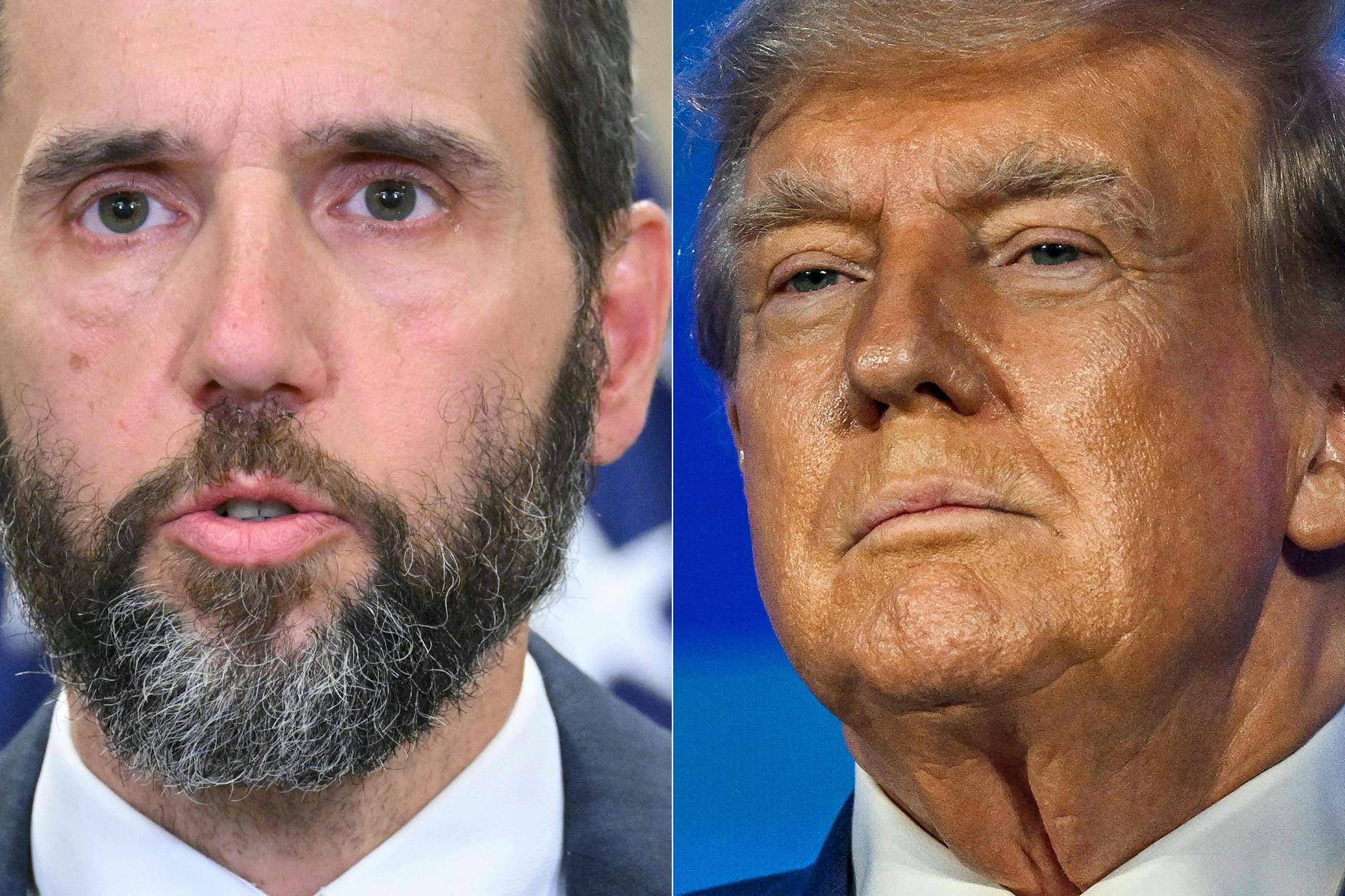 Donald Trump ist dran, und er weiß es! Da hilft es auch nicht, den Ermittler Jack Smith (l.) als „geistesgestört“ zu diffamieren.