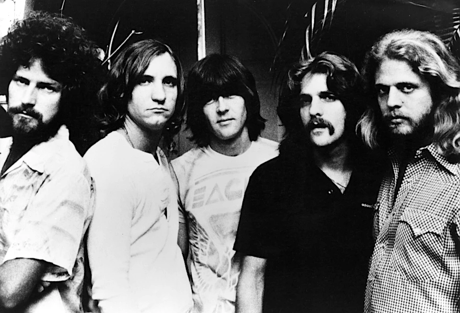 Die Eagles in den 70er-Jahren mit Don Henley, Joe Walsh, Randy Meisner (Bildmitte), Glenn Frey und Don Felder