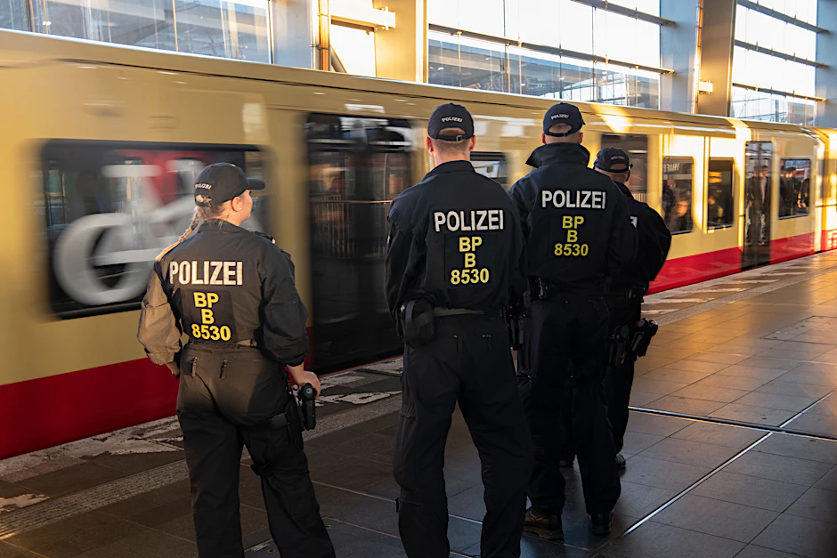 Bundespolizisten stehen am Bahnhof Ostkreuz auf einem Bahnsteig. An diesem Wochenende überprüfen die Beamten auf den Bahnhöfen der Stadt die Einhaltung des Mitführverbotes von gefährlichen Gegenständen.&nbsp;