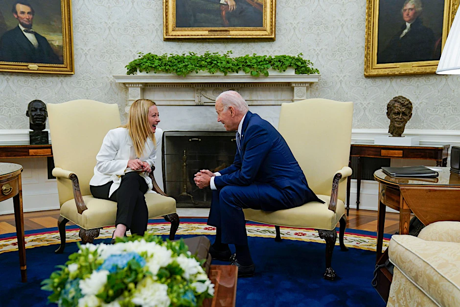 Italiens Ministerpräsidentin Giorgia Meloni und US-Präsident Joe Biden im Weißen Haus.  