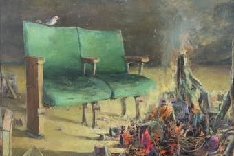 „Smoke Gets in Your Eye (Cinema-Loveseat Oriole)“, 2023, Öl/Leinwand