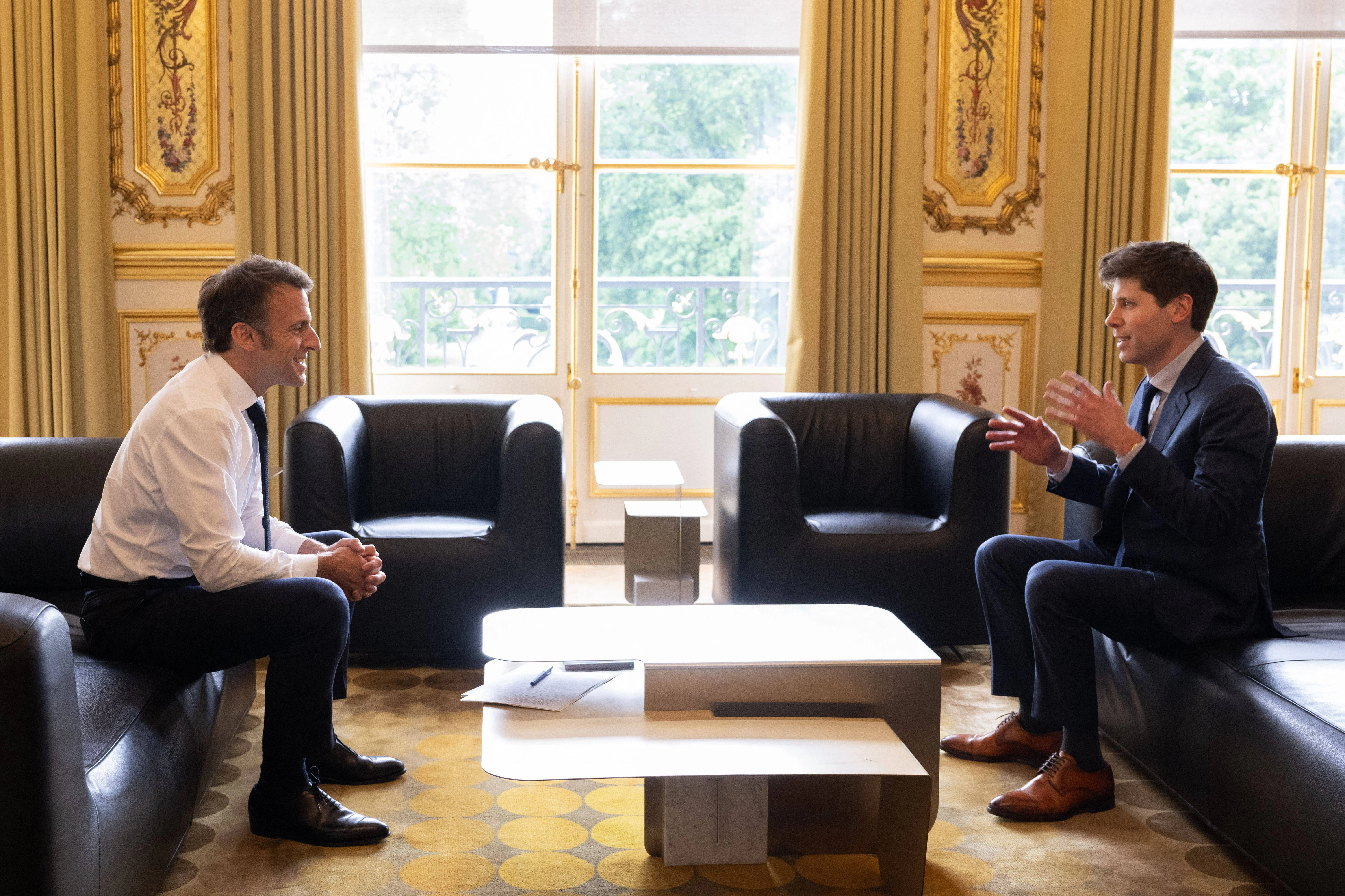 „Worldcoin“-Gründer Sam Altman im Gespräch mit dem französischen Präsidenten Emmanuel Macron