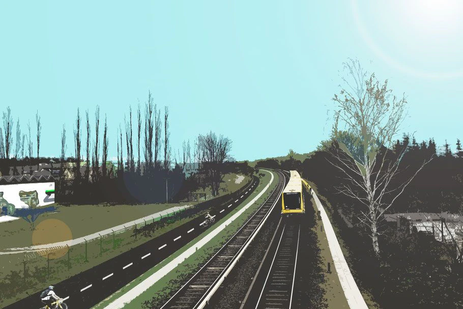 Entlang der U5 nach Osten: Die Simulation zeigt, wie sich die Radbahn U5 ins Stadtbild einfügen könnte.