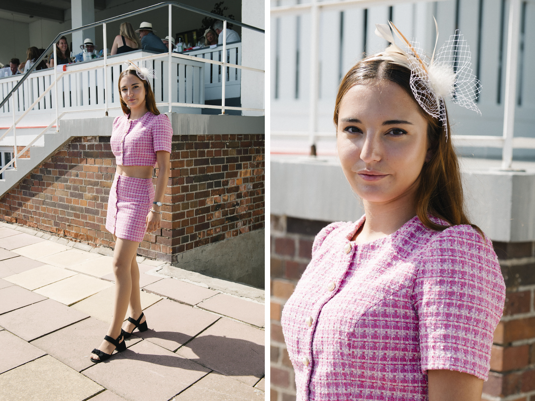 Vor wenigen Tagen war <strong>Shirin Schiller</strong>&nbsp;noch auf Reisen, mit ihrer Familie in Kanada. Die sonntägliche Stippvisite beim „Großen Preis von Berlin“ in Hoppegarten stand da schon fest – also hat Schiller die Gunst der Reise genutzt und sich fürs Pferderennen neu eingedeckt. Den weißen Fascinator und das pinkfarbene Tweed-Ensemble aus einem bauchfreien Jäckchen und Minirock im Chanel-Stil hat sie in Toronto gekauft. Der Laden heißt – ganz passend zum entzückenden Outfit mit Perlenknöpfen – „Honey“.