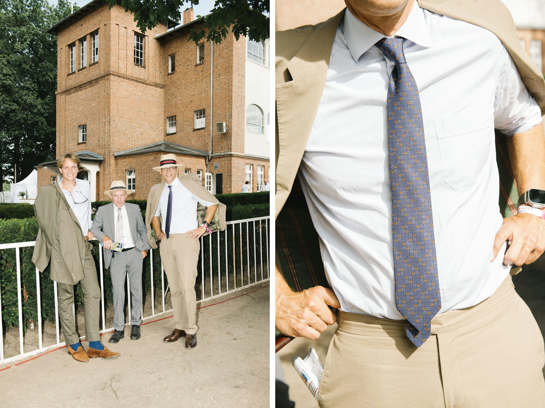 <strong>Toni Potters</strong> (Mitte), einer der bekanntesten Trainer Deutschlands, fachsimpelt mit Rennpferd-Besitzer <strong>Philipp von Loeper</strong>&nbsp;(rechts) und Sohn <strong>Moritz von Loeper</strong>. Woher ihre Anzüge und Hüte kommen? Da sind sich die Herren nicht mehr so sicher. Bei den Krawatten herrscht indes Klarheit: Potters hatte sich seine für ein Gruppenrennen in Hamburg gekauft. Und von Loepers Schlips ist ohnehin leicht zuzuordnen: Das Modell mit orangefarbenen Hufeisen und anderen Details aus dem Reitsport kommt natürlich von Hermès.