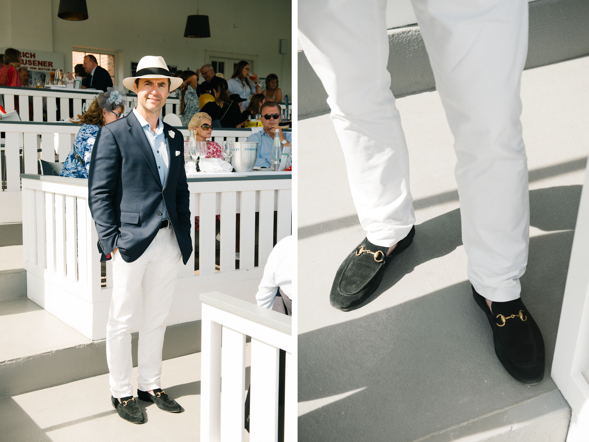 Die Frau von <strong>Kevin Ryan</strong> kommt aus Berlin, er selbst stammt von der Ostküste der USA, genauer gesagt aus Boston. Und seine Garderobe? Die zeigt sich ebenso als eine Liebelei zwischen den beiden Kontinenten: Die italienischen Klassiker an seinen Füßen kommen von Gucci, die Metalldetails der Loafer sind passenderweise einer Pferdetrense entlehnt; seinen Hut hat Ryan auf dem Kudamm gekauft. Das in sich gemusterte hellblaue Hemd und das navyblaue Jackett hat er indes – <em>very American</em> – bei Ralph Lauren geshoppt.