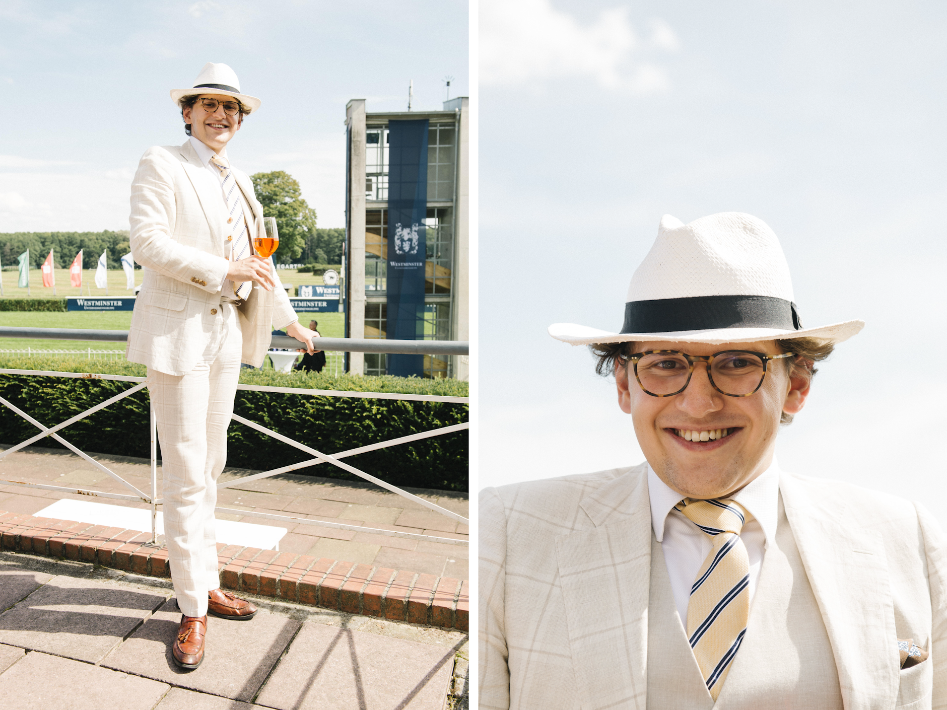 Hoppegarten-Gast <strong>Max Beckmann</strong> genießt nicht nur seinen Aperol Spritz, sondern offenbar ganz generell das Leben. Den Hut? Den habe er im Urlaub an der Côte d’Azur gekauft; in irgendeinem Kiosk an der Strandpromenade, so ganz genau weiß er das nicht mehr. Genau erinnern kann er sich indes an den Anzugkauf: Das cremefarbene, in sich karierte Modell aus einem leichten, leinenartigen Material kommt von Suitsupply. Und die Schuhe? Die sind – natürlich – maßgefertigt.