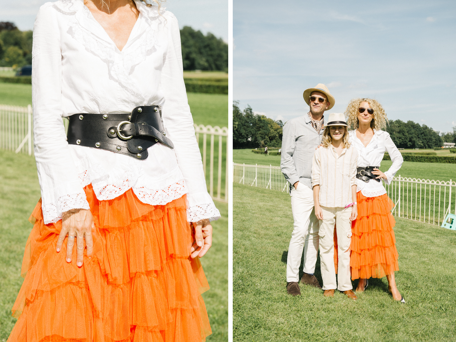 Moderatorin und Model <strong>Aline von Drateln</strong> ist mit ihrer Familie an der Rennbahn unterwegs. Und mit einem ganz besonderen Oberteil: Es wurde aus einem alten – man möchte fast meinen: historischen – Kissenbezug genäht; das ist nicht nur an den hübschen Spitzendetails, sondern auch an der leinenartigen Struktur der Wickelbluse zu erkennen. Dazu trägt von Drateln einen orangefarbenen Volantrock, einen Taillengürtel im Westernstil und Chanel-Pumps, die sie auf dem Flohmarkt am Arkonaplatz ergattern konnte.