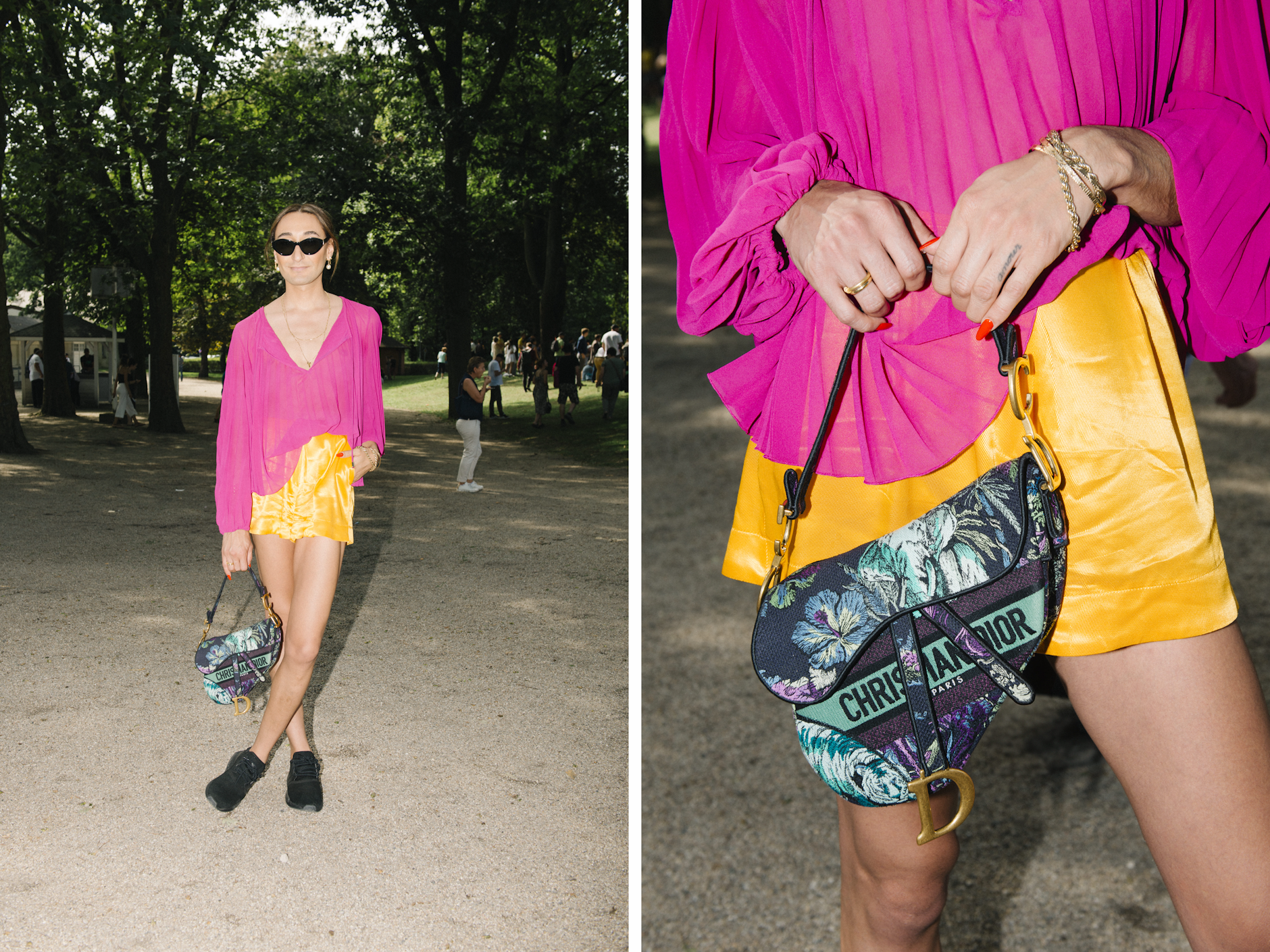 <strong>Scharif Bokovoy</strong> musste wohl nicht lang überlegen, welche Tasche als Begleitung mit zum Pferderennen darf. Das Modell kommt von Christian Dior und ist eine Neuauflage der legendären „Saddle Bag“ – der „Satteltasche“ also, deren Rundungen jenen des Reitsitzes nachempfunden sind. Die mit Hibiskusblüten und Palmen dekorierte Schultertasche passt also wunderbar nach Hoppegarten – und auch zum Rest von Bokovoys farbstarkem Outfit, das aus einer Secondhand-Shorts und einer Zara-Bluse besteht.