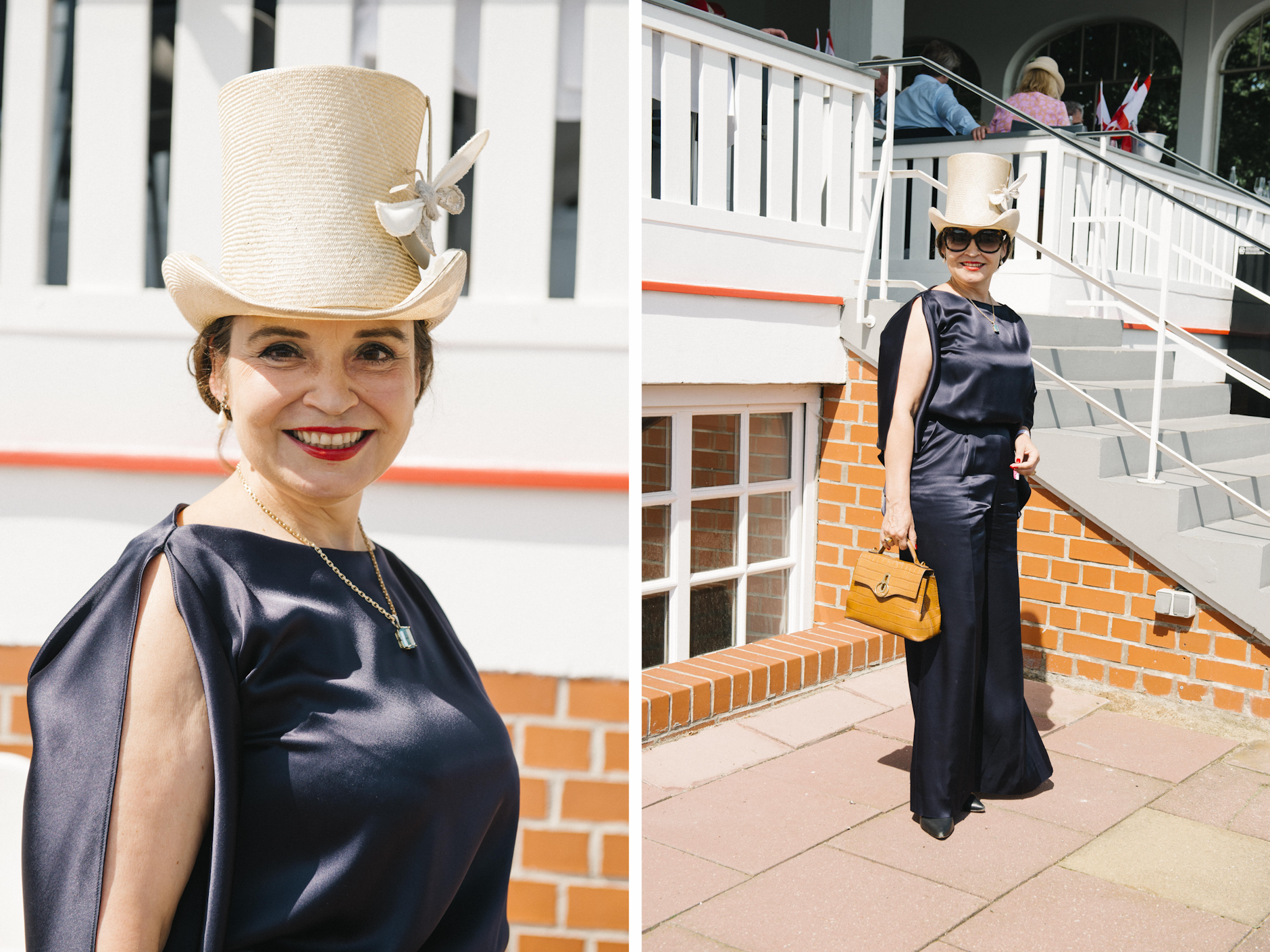 <strong>Natascha Bonnermann</strong> führt die PanAm Lounge auf der Budapester Straße – eine Eventlocation im Sechzigerjahre-Stil der Fluggesellschaft Pan American Airways. Für ihren Besuch beim „Großen Preis“ in Hoppegarten hat sich Bonnermann trotzdem nicht für ein Stewardessen-Häubchen, sondern für einen ausgewachsenen Hut der Berliner Modistin Susanne Gäbel entschieden. Das cremefarbene zylinderförmige Modell mit Schmetterlingsdetail begleitet ein nassglänzendes Seiden-Ensemble von Escada.