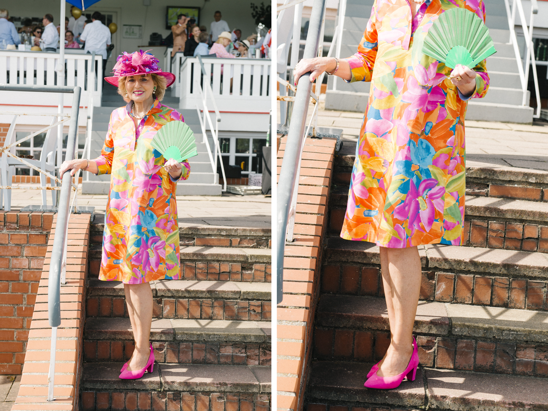 Ohne <strong>Tini Gräfin Rothkirch</strong> läuft im VIP-Bereich gar nichts: Die PR-Expertin und einstige Hoteldirektorin ist Vorsitzende des Renn-Klubs Hoppegarten, kümmert sich auf der ehemaligen kaiserlichen Tribüne also um alles, was in Berlin Rang und Namen hat. In irgendeiner Mode lässt sich das freilich nicht machen – also hat sich die Grande Dame des deutschen Rennsports ihren Hut, den sie in der Stadt gekauft hatte, individuell umarbeiten lassen. Und das sommerlich gemusterte Kleid? Das hat die Gräfin von einer Reise mitgebracht.