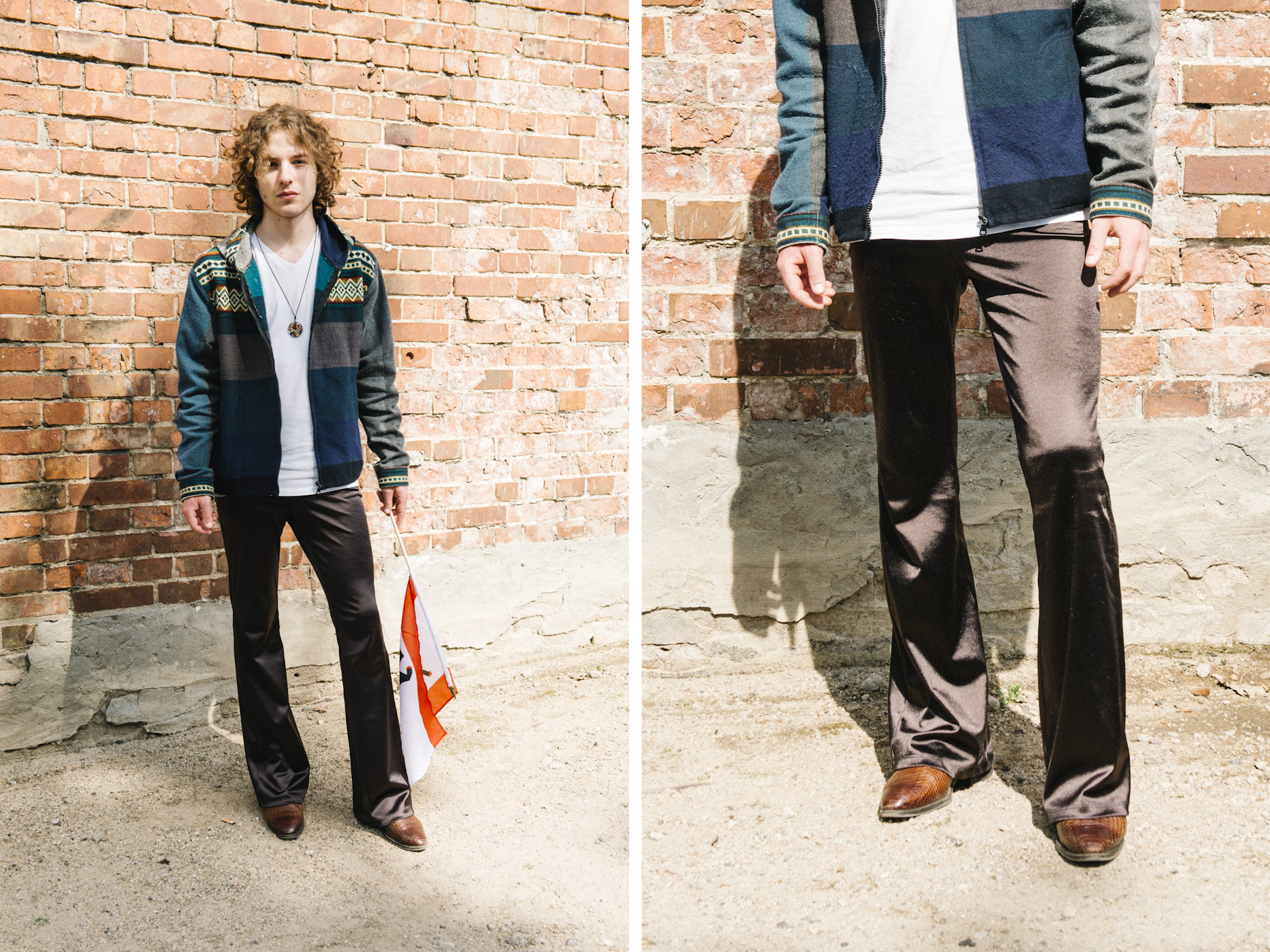 Auch das ergibt in Hoppegarten modisch Sinn: Ein Look, der weniger dem traditionsreichen, schicken Rennsport entlehnt, sondern durch den klassischen Westernstil inspiriert ist. <strong>Emanuel Doré</strong>, der in Berlin als Singer-Songwriter unterwegs ist, hat sich passend zum Anlass für eine lässige Schlaghose aus glänzendem Stoff, Cowboyboots mit Krokoprägung und eine robuste Jacke mit mexikanisch anmutender Musterung entschieden. Die Jacke hat Doré in Barcelona gekauft; die Schuhe hat er – <em>very Berlin</em> – auf der Straße gefunden.