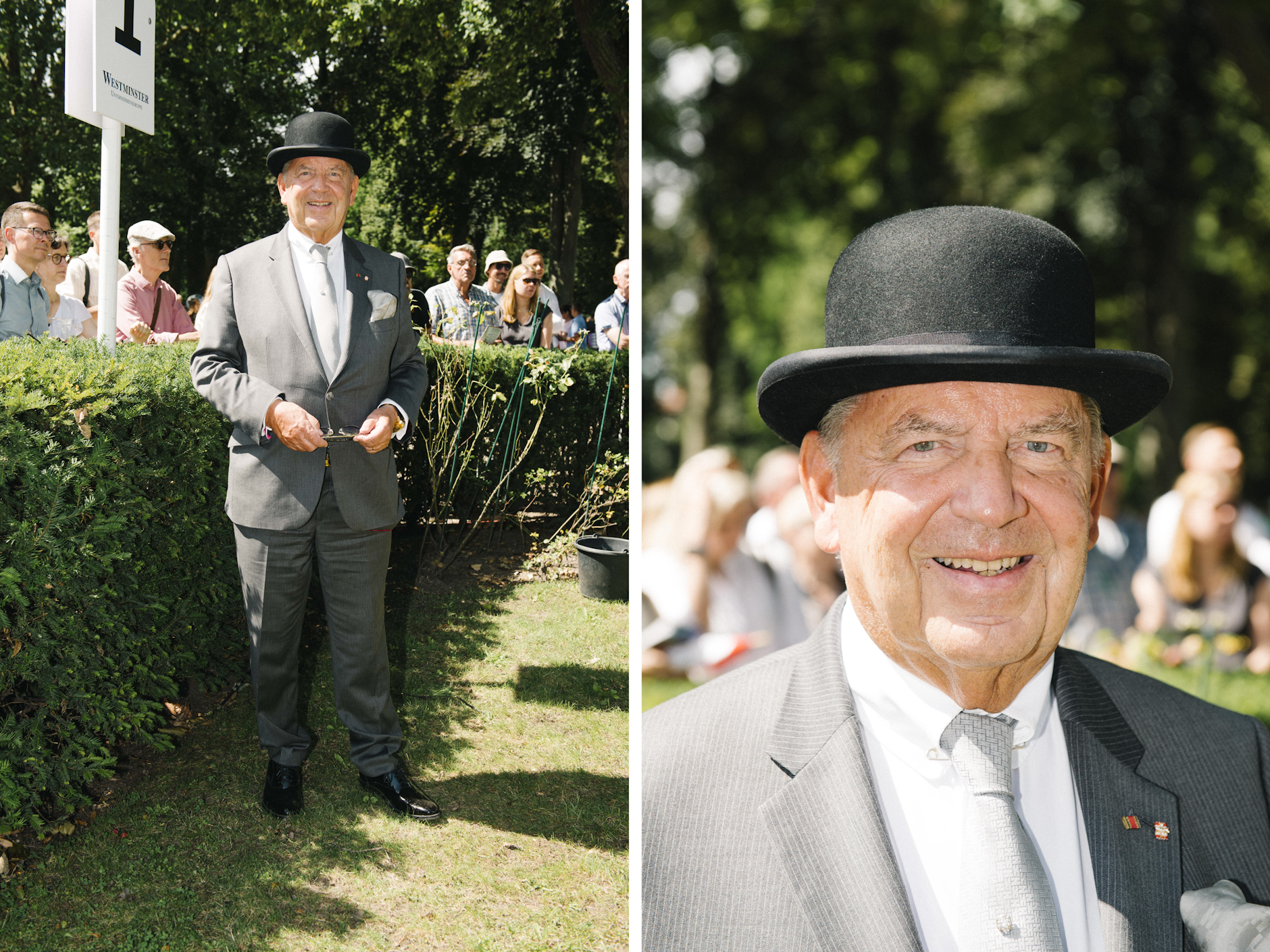 Ohne Schirm, aber mit Charme und Melone ist <strong>Jörg Woltmann</strong>, der Bankier und Inhaber der Königlichen Porzellan-Manufaktur Berlin (KPM), in Hoppegarten unterwegs. Das ikonische Hutmodell hat er sich 1979 selbst geschenkt, zur Eröffnung seiner ersten Bank; der perfekt geschnittene Anzug mit feinen Nadelstreifen kommt „von irgendwo“. Und der blattgolden dekorierte To-go-Becher aus Porzellan, mit dem er später am Tag gesichtet wurde? „Nicht ohne mein KPM!“, ruft Woltmann über die Schulter.