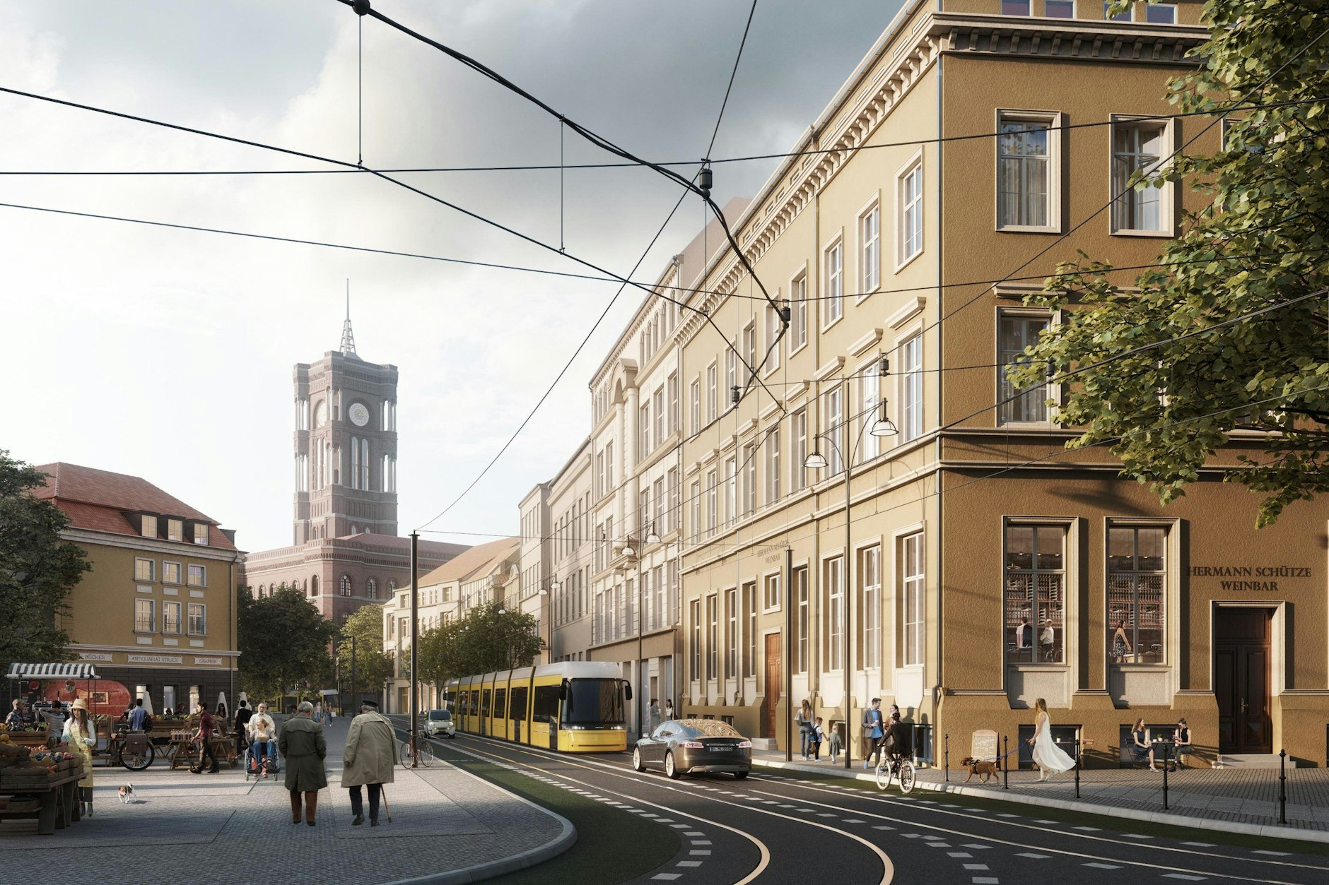 So könnte es am Molkenmarkt nach Vorschlägen der Stiftung Mitte Berlin aussehen: Die Visualisierung zeigt das Eckhaus Molkenmarkt 4, einst Zornsche Apotheke. Im Hintergrund das Rote Rathaus, links das Nikolaiviertel. Der älteste Marktplatz Berlins liegt heute unter Verkehr begraben.

