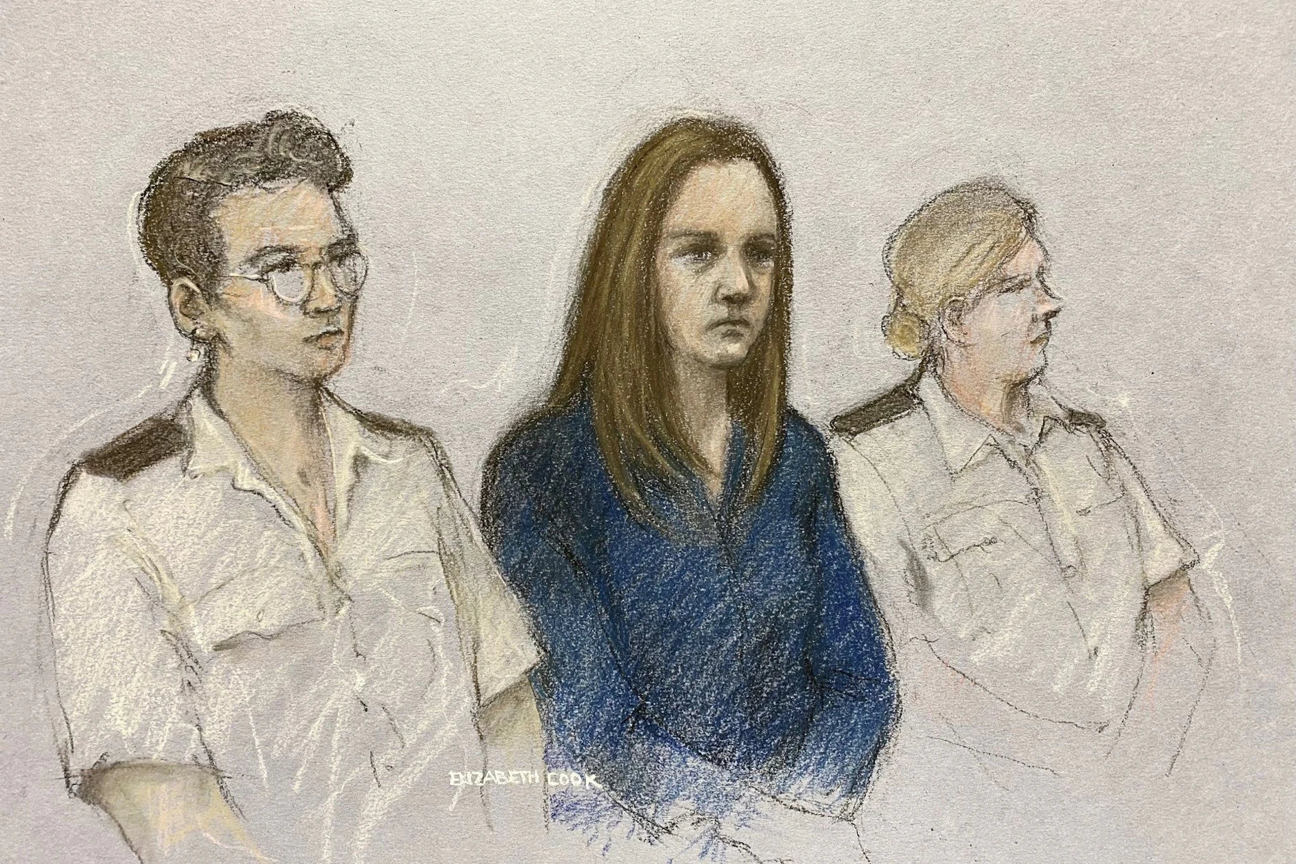 Eine Gerichtszeichnung zeigt die Krankenschwester Lucy L. Sie tötete sieben Babys - und wurde nun verurteilt.&nbsp;