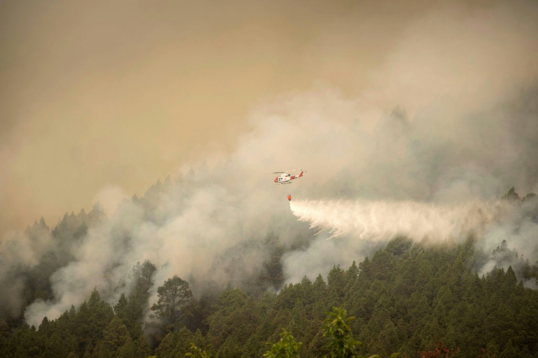 Ein Hubschrauber überfliegt einen Brand am Stadtrand von El Rosario während eines Löscheinsatzes.