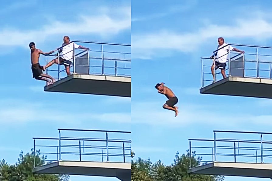 Der Videoclip zeigt, wie der Bademeister den Gast in den Rücken tritt, dieser stürzt daraufhin vom Zehn-Meter-Turm ins Schwimmbecken.