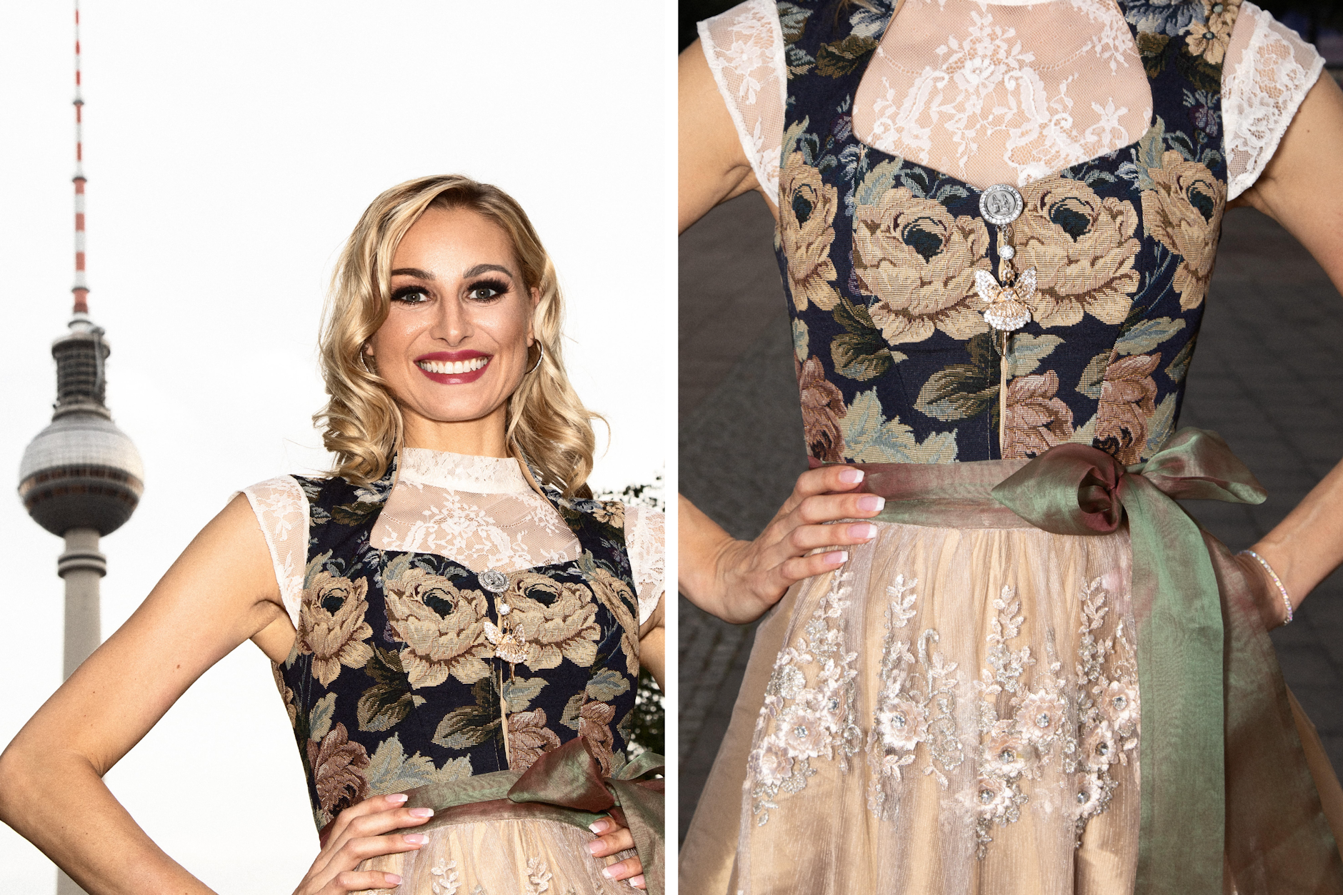 Eine Maß nach der anderen trinken? Das ist für <strong>Tanja Müller</strong> an diesem Abend nicht drin. Die Frau muss noch arbeiten: Als Moderatorin führt die Schauspielerin durch die Nacht – vom Anstich bis zur Dirndl-Modenschau. Vorher nimmt sie sich ein bisschen Zeit, um uns zu zeigen, dass sich Fernsehturm und Trachtenkleid überhaupt nicht beißen müssen. Ihr Dirndl mit Rosen-Design und Spitzentop darunter kommt natürlich von Angermaier.