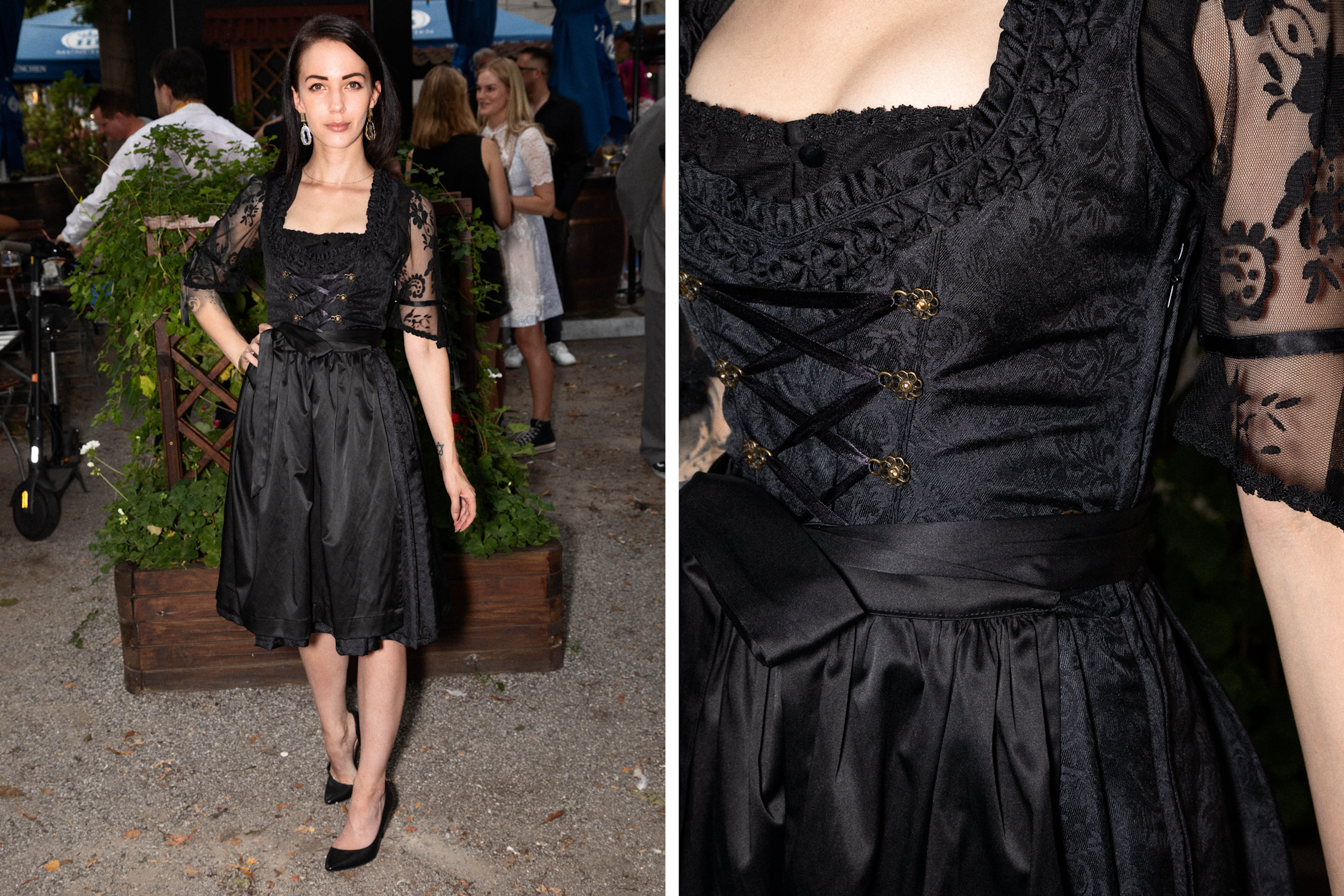 Als Modejournalistin kommt <strong>Carmen Dörfler</strong> gewissermaßen vom Fach – und hat sich bestimmt nicht umsonst für die Mode-Nichtfarbe Schwarz entschieden. Sehr elegant wirkt ihr schwarzes Dirndl mit feingliedrigen Spitzenärmeln; der Entwurf kommt vom Label Marjo, dazu Schuhe von Bata, die Dörfler in Italien gekauft hat. Die dunklen Archat-Ohrringe wiederum kommen von dem jungen Label Nathalie Pill Creations und fügen sich komplett ein in einen Gesamtlook, der fast schon was von Nobel-Gothic hat.