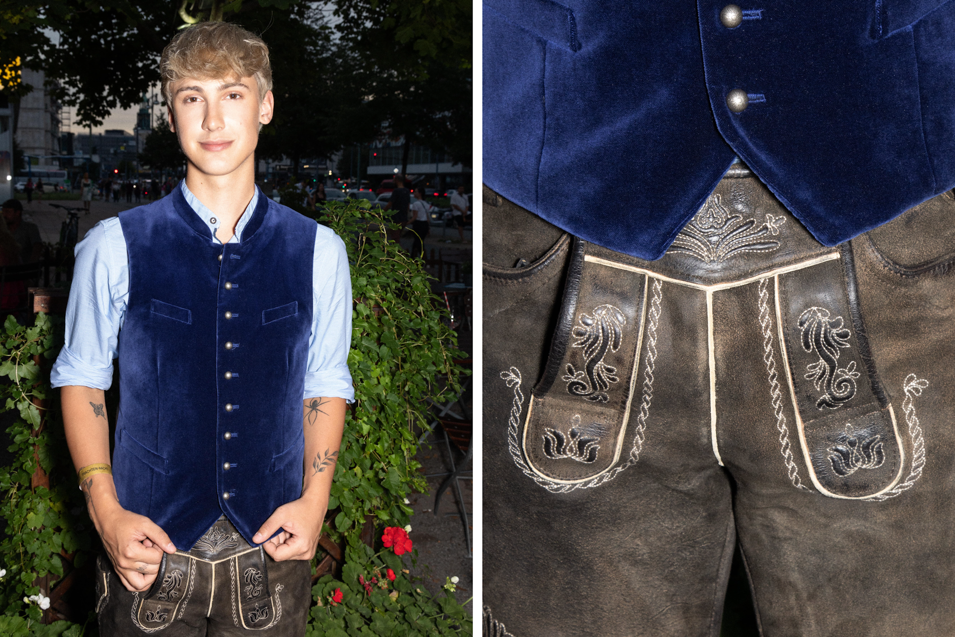 Auf Instagram hält der Influencer mit dem programmatischen Künstlernamen <strong>Leon Content</strong> rund 870.000 Followerinnen und Follower über seinen Alltag auf dem Laufenden; am Donnerstagabend dürften sich einige seiner Fans über seinen ungewöhnlichen Look gewundert haben: Leon Content mal ausnahmsweise nicht im lässigen Shirt und Basecap, sondern in einer royalblauen Trachtenweste mit Silberknöpfen und zünftiger Lederhosen von Angermaier. „Steht mir doch, oder?“, flötet der Influencer. Finden wir auch.
