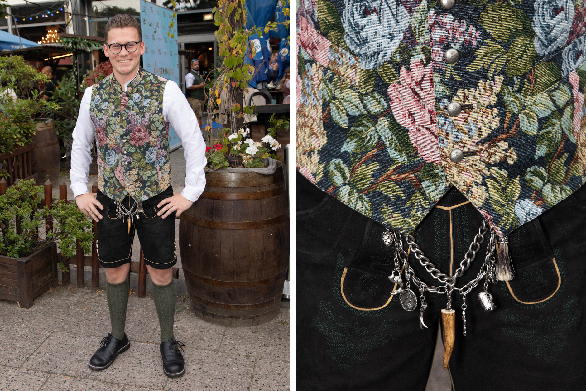 <strong>Matteo Friedrich</strong> hatte es nicht weit, er ist aus Charlottenburg nach Mitte angereist, wo an diesem Abend sozusagen München liegt. Der Berliner kann viel anfangen mit zünftigen Traditionen und verbringt nicht den ersten Abend in Lederhosen. Seine Trachtenweste mit üppigem Rosendekor kommt von Angermaier; das Charivari – so die Bezeichnung für die Schmuckkette am Hosenbund – hat er bei Alpenwahnsinn, die Hose selbst bei Best Secret gekauft, einem Membersclub für Shoppingfreudige.