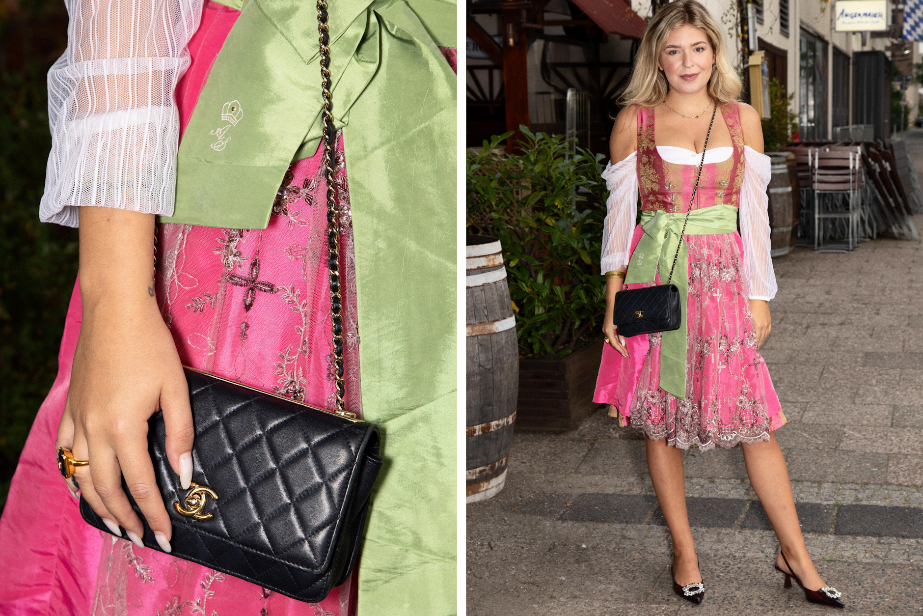 Lederhosen und Luxus, Tracht und Pracht – das geht nicht nur in München Hand in Hand. Auch das Berliner Wiesn-Warm-up gleicht einem Schaulaufen der Edeltaschen. <strong>Pia Herting</strong> zum Beispiel kombiniert zum Dirndl der Designerin Astrid Söll – in der immer guten Farbkombi aus Pink und Salbeigrün – eine Umhängetasche von Chanel und einen Cocktailring von Valentino. Von Kopf bis Fuß auf Luxus eingestellt? Nö: Die schönen Kitten Heels mit üppiger Schnalle kommen von Zara.