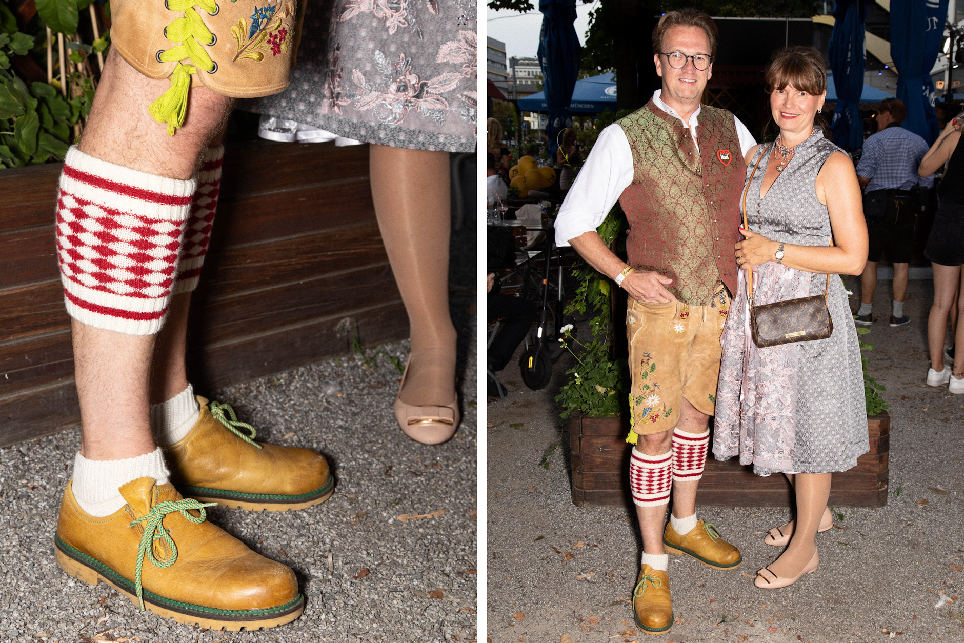 Bis vor der Pandemie hatten <strong>Steffen und Manuela Gresitza</strong> aus Marienfelde ihr eigenes Oktoberfest in Berlin veranstaltet, das jährliche „O’fescht“ für Freunde und Geschäftspartner. Im nächsten Jahr soll die Gaudi wieder steigen. Den putzigen „Hasi“-Anstecker dürfte Steffen Gresitza dann wieder mit Stolz tragen. „Den habe ich auf der Wiesn in München gekauft, passend zu seinem Spitznamen“, erzählt die Gattin, die an diesem Abend ein Vuitton-Täschchen zum Angermaier-Dirndl trägt. Auch ihr Mann ist vom Wadenwärmer bis zur Trachtenweste in der gastgebenden Marke gekleidet.