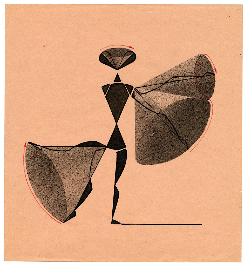 „Type of movement: conical movement“ aus Eshkols Tanzbewegungs-„Referenzsystem“ des John G. Harries, Tusche, Konstruktionspapier, 1950er-Jahre (Ausschnitt)