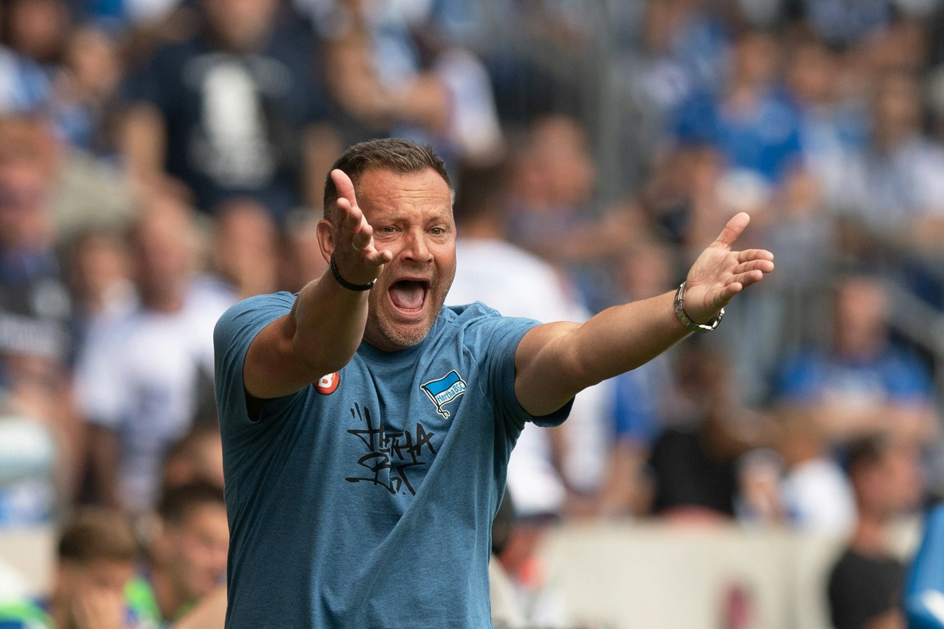 Herthas Trainer Pal Dardai schreit fassungslos zu seinen Spielern. Wie sind sechs Gegentore in Magdeburg möglich?