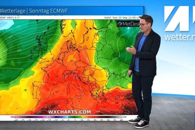 Wetter-Experte Dominik Jung zeigt die Wärmeblase, die sich bis mindestens nächsten Sonntag über Deutschland legt.