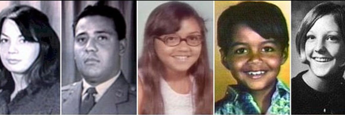 15. Januar, 1974: #1 Julie Otero (33, mit Seil erdrosselt); #2 Joseph Otero (38, mit Plastiktüte erstickt), #3 Josephine Otero (11, mit Seil erhängt); #4 Joseph Otero, Jr. (9, mit Plastiktüte erstickt); April 4, 1974: #5 Kathryn Bright (21, mit Messer in den Bauch erstochen)